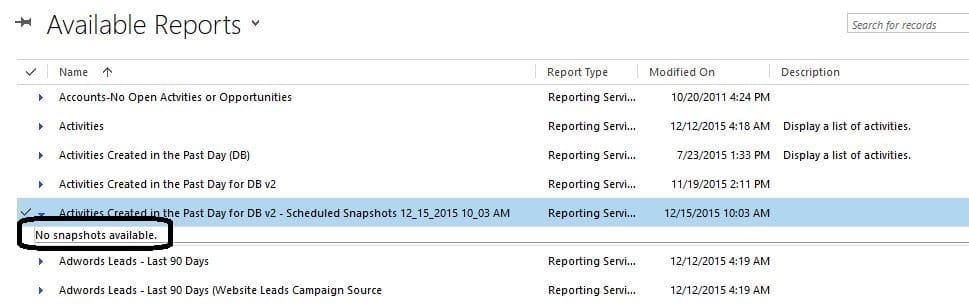 Scheduled Snapshots Not Created in MSCRM 2013