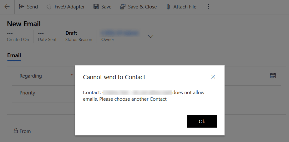 Dynamics 365 custom alert Contact does not allow emails